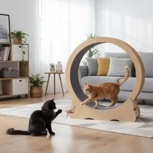 29.1*13.5*36.2 Inch Natural Wood MDF Cat Running Wheel, Quiet Large Cat Treadmill with Detachable Carpet, Safe Indoor Exercise Toy for Small‑Medium Cats