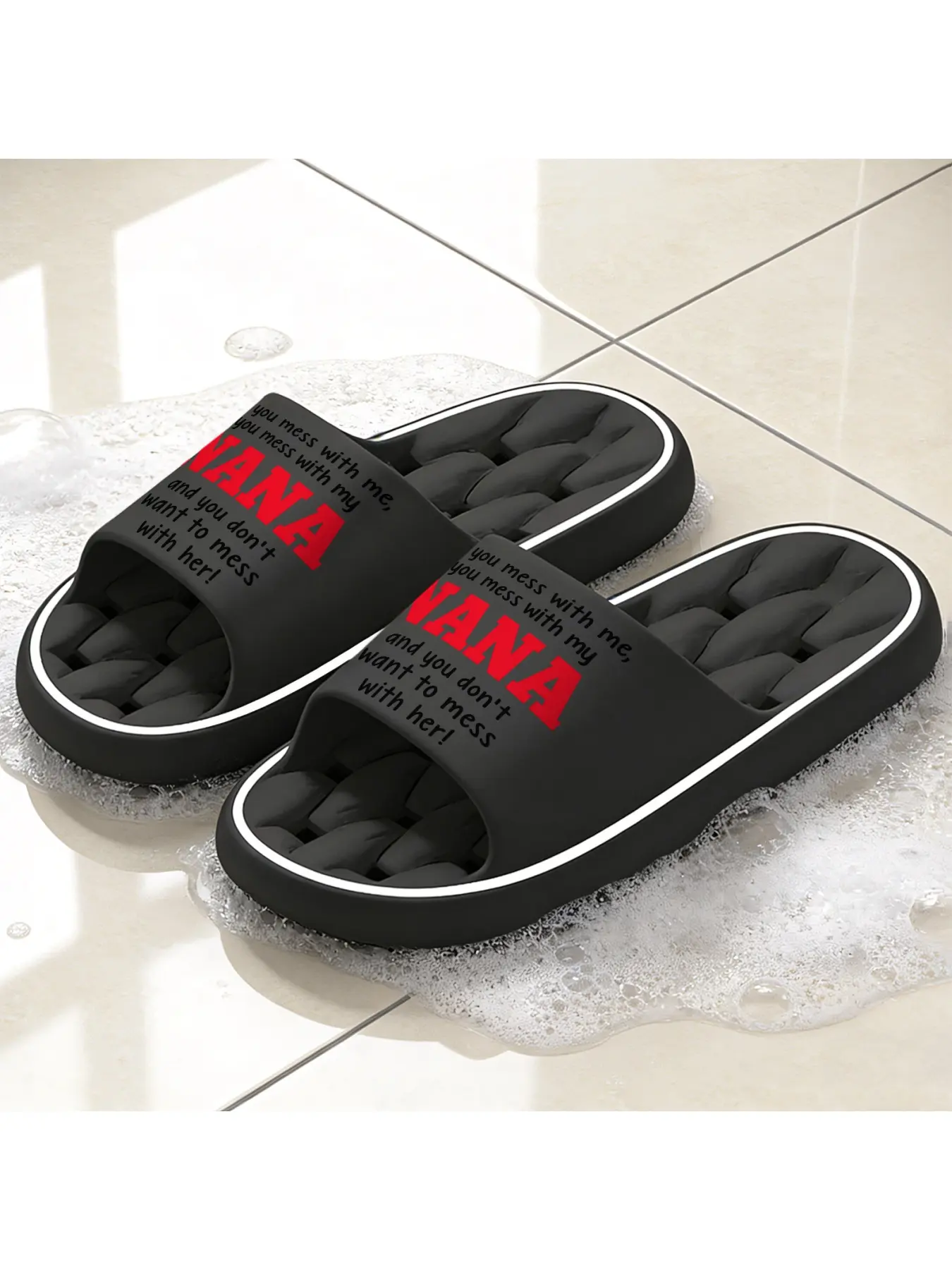 Funny Slogan Hollow Out Sole Slippers, If You Mess With Me You Mess With My Nana Printed Slides, Non-slip Soft Bottom Slippers For Bathroom And Home, Unisex Summer Casual Slippers, Creative Fami