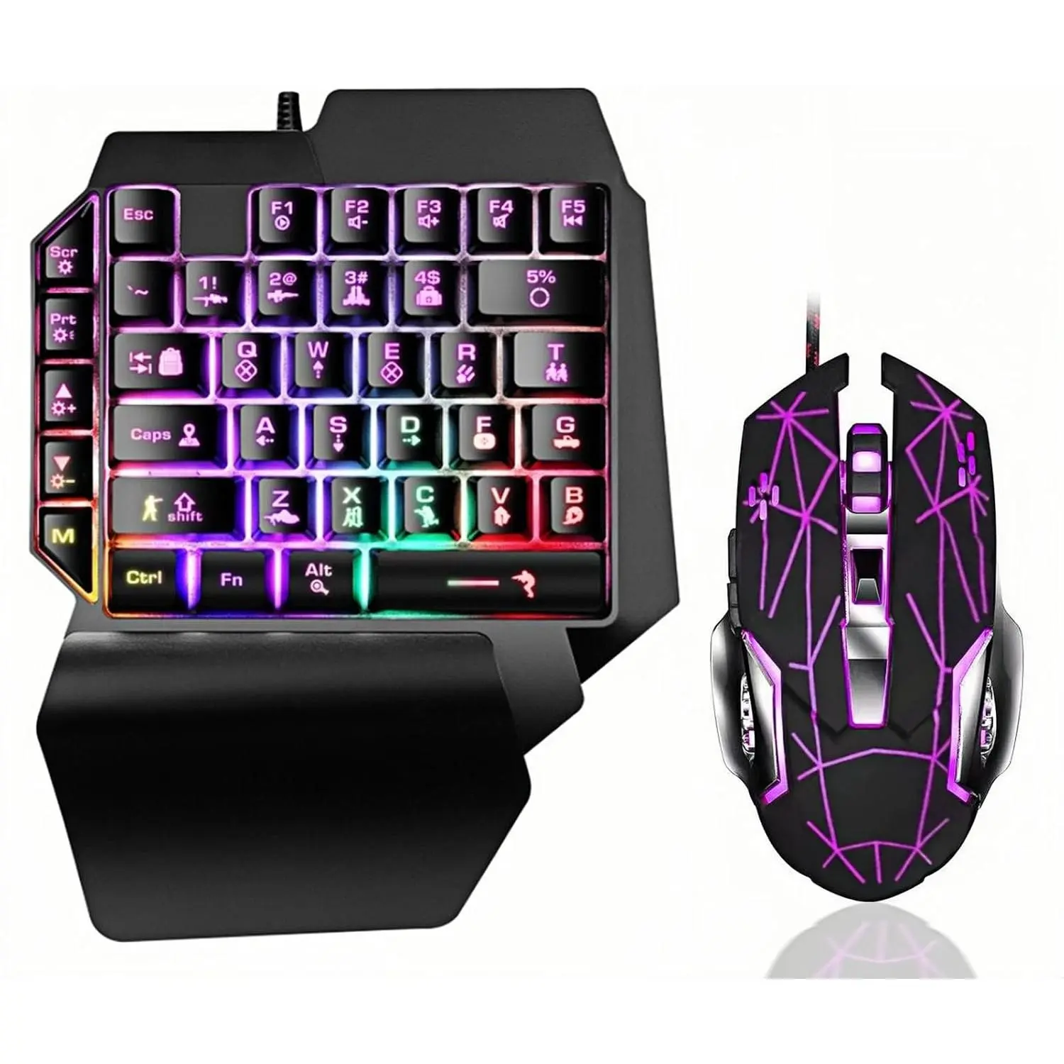 Wired One Handed Gaming Keyboard and Mouse Combo with Rainbow LED Backlit 39 Keys Portable Mini Gaming Keypad Ergonomic Game Controller for PC Gamer-Black