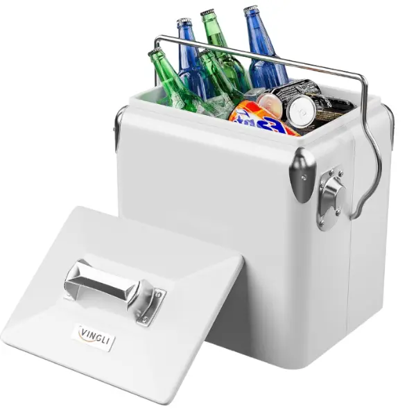 14-Quart Insulated Portable Hard Metal Ice Chest, Retro Vintage Style Cooler for Camping, Picnics, Outdoor Sports