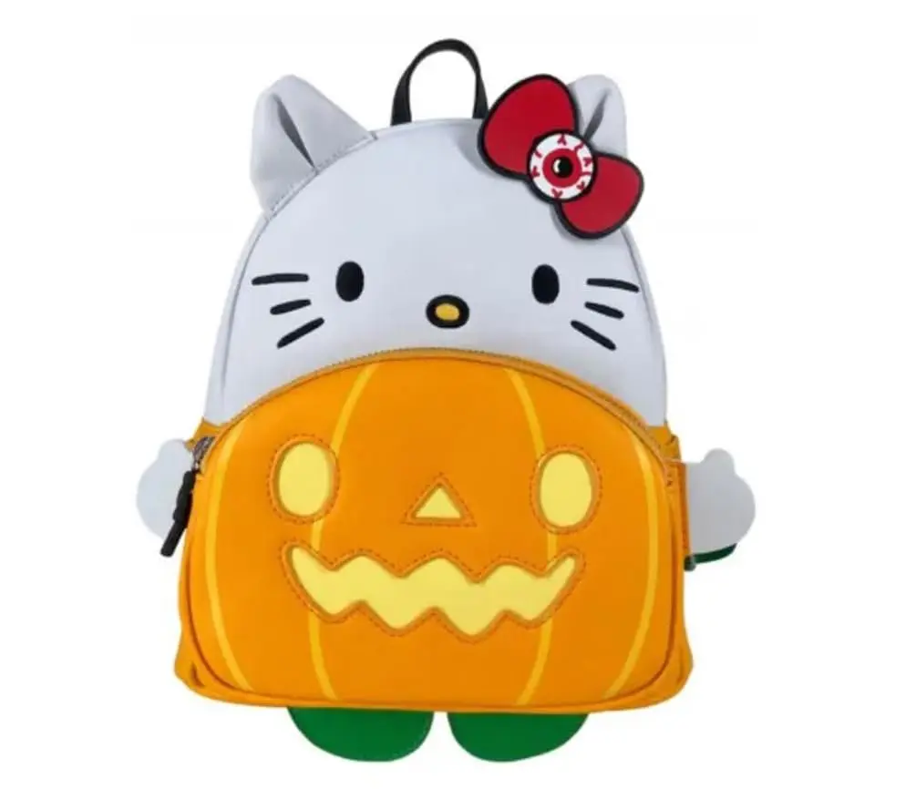 Sanrio Hello Kitty Cute Pumpkin Cosplay Mini Backpack - Synthetic Vegan PU Leather, Cartoon Character Graphic, Glow-in-the-Dark Details, Rose Gold Accents, Detachable Bag Charm, 9”w x 10.5”h x 4.5”d Halloween Functional Bag, Glow‑In‑Dark Art, Cartoon Char