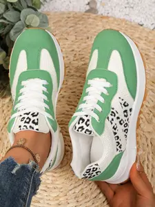 Women's Leopard Print Colorblock Chunky Sole Sneakers, Lightweight Shock Absorption Anti-Slip Wear-Resistant Casual Sports Shoes