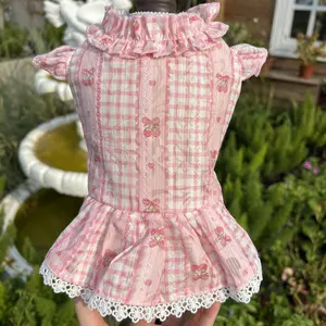 Cute Pink Cherry Plaid Dog Dress | Ruffle Lace Pet Skirt for Small Dogs Yorkie Maltese Chihuahua Summer Puppy Clothes Breathable Summer Dress for Female Dogs