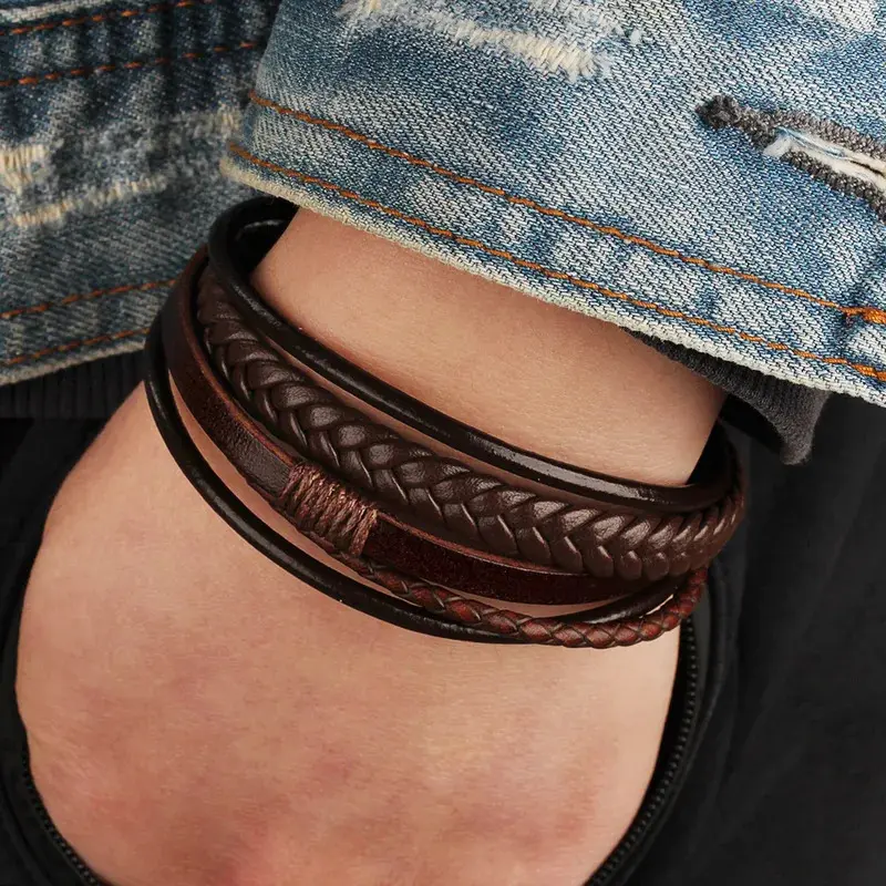 Men's Braided Leather Bracelet Jewelry Stainless Steel Clasp, Layered Bangle Cuff for Male Daily Wear, daily use christmas gift for Dad Husband Brother   Daily Use Gift cross
