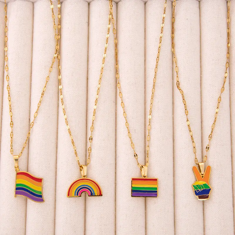 Pride Rainbow Pendant Necklace, 18K Gold Plated LGBTQ Pride Jewelry, Dainty Enamel Necklace for Women, Hypoallergenic