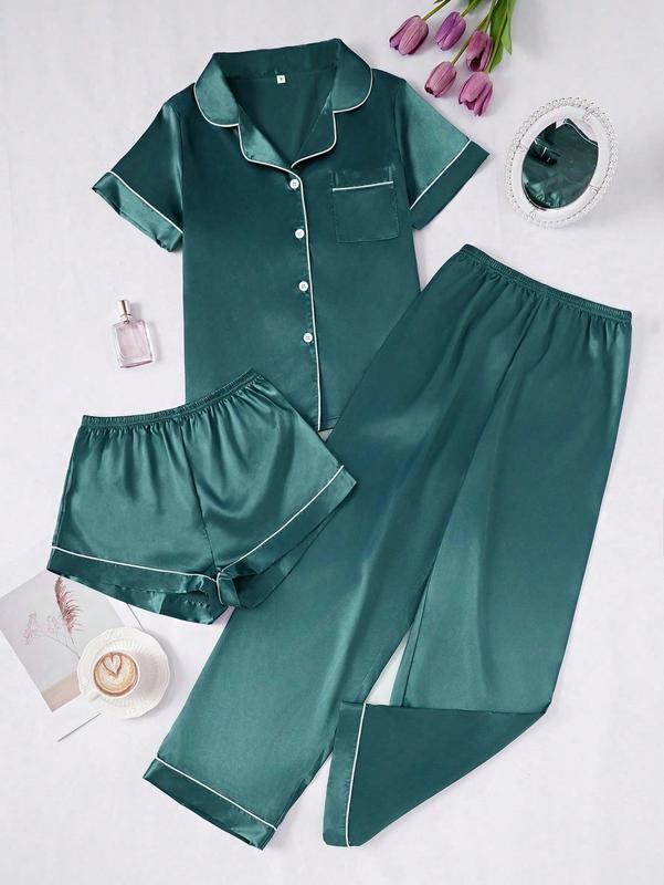 LuxeNights 3pcs Set Women Contrast Trim Solid Color Faux Silk Lapel Sleepwear Set - Dark Green