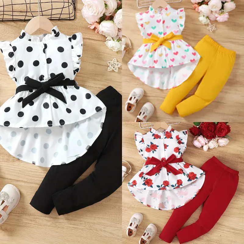Ready Stock Baby Clothing 18-24months/2-3years/3-4years Girls' 2-Pc Outfit Set, Polka Dot Print Belted Sleeveless Stand Collar Top & Elastic Long Pants, Casual Costume 312312011