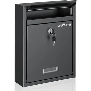 Uniclife Wall Mount Mailbox for Outside, Locking Mail Box, Large Mailbox with Key Lock, Security Mail Box for House, Safe Key Drop Box, Post Box, Steel Cash Drop Box for Home Office School, Black