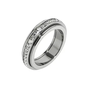 Anxiety Rings for Women and Men Titanium Steel Spinner Fidget Band Rings with Cubic Zirconia for Stress Relief and Wedding Promise Comfort Fit Size 5 to 12