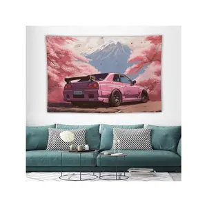 1pc Car Tapestry Wall Hanging Decor, Suitable For Bedroom Living Room Dorm Wall Art Japanese JDM R34 Pink Sakura Tree Mountain Tapestry, Flag For Room, Room Decor, Room Stuffs, Flags For Room, Home Decor, Wall Tapestry, Pink Tapestry Hen Wedding Christmas