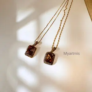 Vintage Style Emerald Cut Champagne Crystal Necklace, Gold Plated Rectangular Pendant, Retro Aesthetic Jewelry, 18"+1.6" Adjustable Chain, Gift for Her