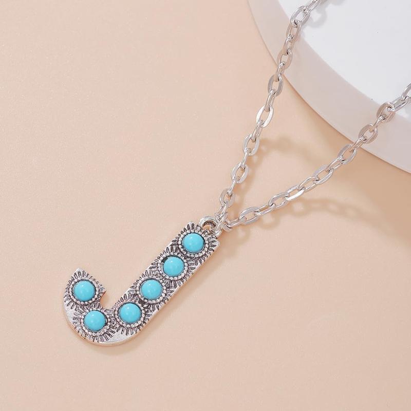 Bohemian Western Turquoise Initial Necklace 26 Letters Initial Necklacet for Women Gifts Retro Blue Bead A-Z Necklace Link Jewelry for Mom Daughter Birthday Jewelry Gift