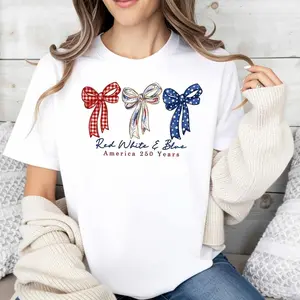 Patriotic Style Women's T-Shirt Red White And Blue Bows America 250 Years Celebration Summer And Spring Casual Wear For Independence Day Gifts For Mom And Friends