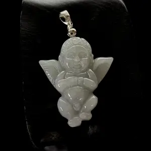 Natural Light Green Jade Jadeite Carved 'BABY ANGEL' Pendant, Free Necklace