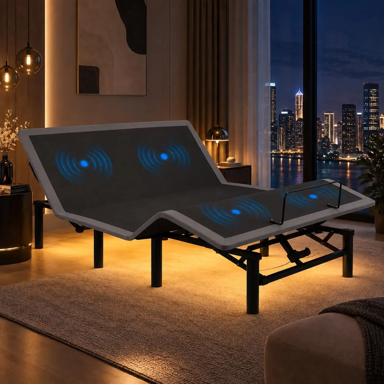 Queen Size Adjustable Bed Frame with Massage, Head & Foot Incline, Wireless Remote, Type-A & Type-C USB Ports, LED Under Bed Night Light, 4 Level Height Adjustable Legs, 5 Modes Massage, Easy Assembly,Grey
