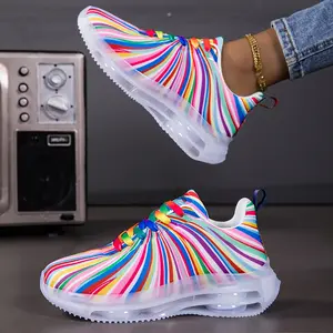 Women's lightweight breathable air cushion running shoes - thick-soled low-top striped design, fabric upper and PVC outsole, suitable for walking, tennis, basketball, fitness - four-season comfortable lace-up casual shoes