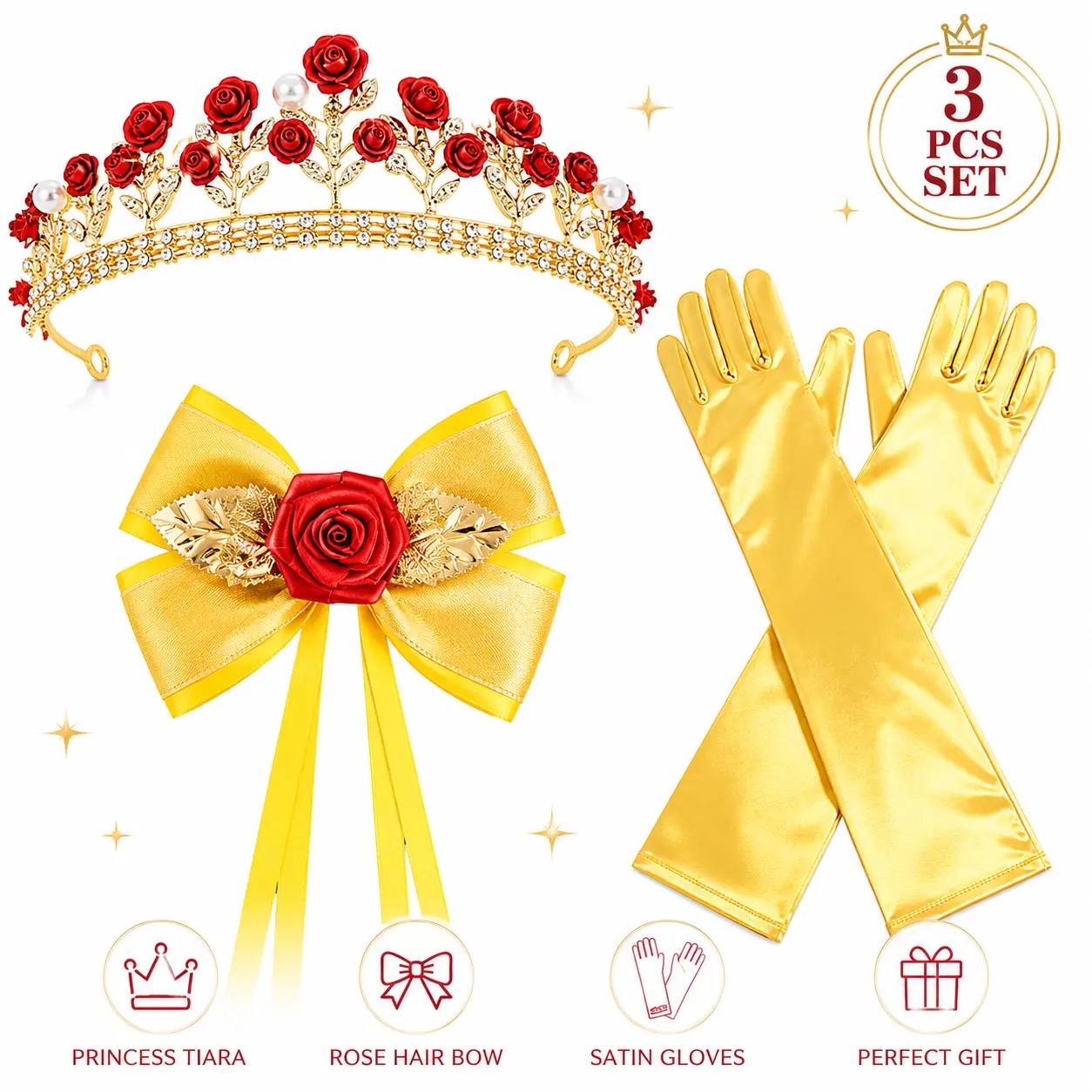 Women's 3-Piece Princess Rose Crown Tiara, Hair Bow & Yellow Gloves Fashion Accessory Set - Dress-Up Accessories for Birthday, Wedding Cosplay Theme Parties, Bow Set Fashion Accessory Sets