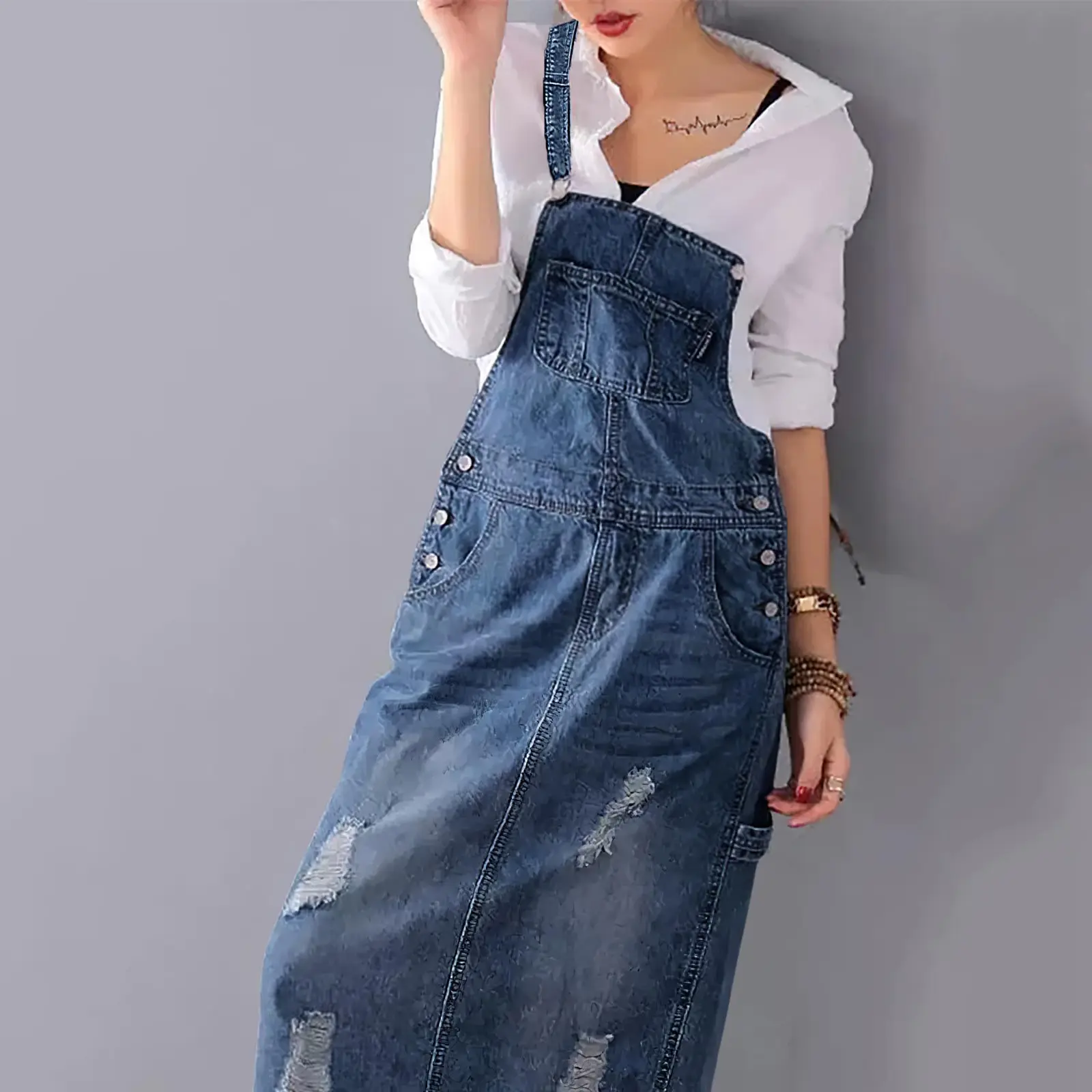 Chouyatou Women's Adjustable Strap Distressed Denim Overall Dress A-Line Pinafore Jean Dress with Split - TikTok Shop Chouyatou Women's Adjustable Strap Distressed Denim Overall Dress A-Line Pinafore Jean Dress with Split - TikTok Shop