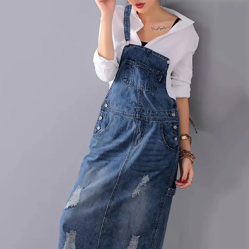 Chouyatou Women's Adjustable Strap Distressed Denim Overall Dress A-Line Pinafore Jean Dress with Split