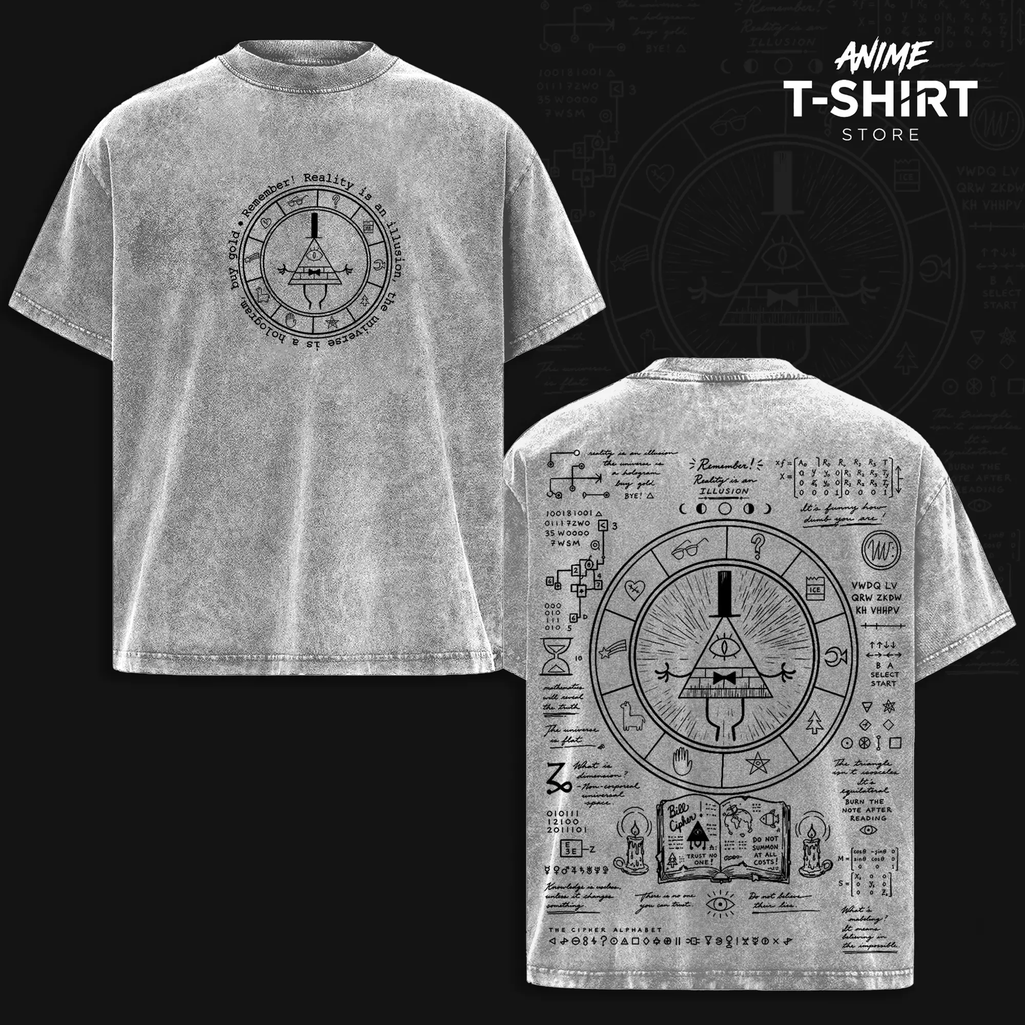 Bill Cipher Gravity Falls Vintage Washed Anime T Shirt, Mystic Symbol Graphic Tee, Oversized Heavyweight Cotton Streetwear, Cartoon Fan Gift