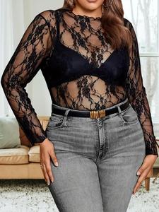 【plus size】 floral lace sheer tee, casual long sleeve t-shirt for summer, women's plus clothing for daily wear