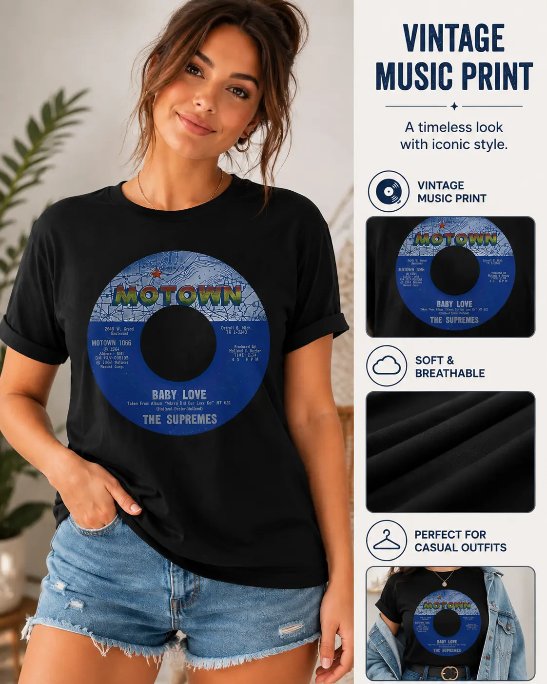 Womens 180g Black Cotton Graphic Print T-Shirt with Baby Love Motown 1066 The Supremes Vinyl Record Design Short Sleeve Crewneck Tee Music Lover Retro Style Top Casual Outfit Trendy Fashion Apparel