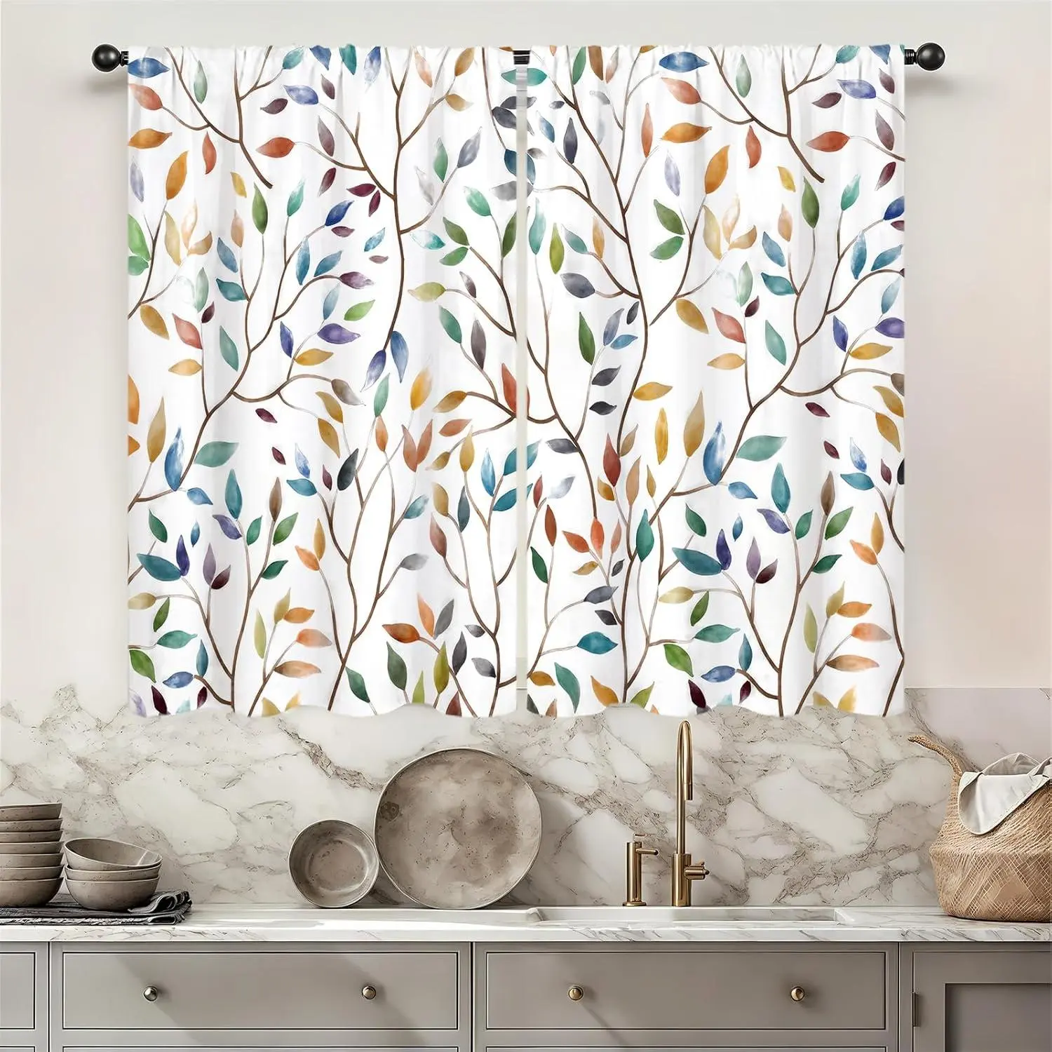 Boho Colorful Vintage Floral Art Print Kitchen Curtains (27.5W x 39L in, 2-Panel), Botanical Abstract Modern Aesthetic Small Short Cafe Tier Drape Treatment with Beautiful Patterns, Colorful Curtains, Vintage Floral Curtains