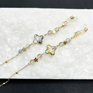 Gold plated anti slip chain for sunglasses, fashionable clover women's eyeglass chain, gift for her