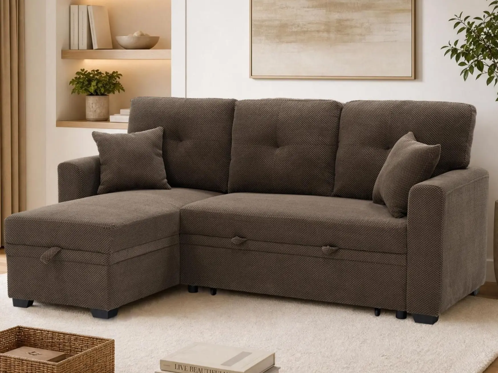 Eyisean 71" Convertible Sectional Sleeper Sofa, Modern Polyester L-Shaped Couch with Pull-Out Bed & Reversible Chaise, 3 Seater Deep Seat Sofa Bed with Storage & Pillow, Easy Assembly for Living Room, Apartment