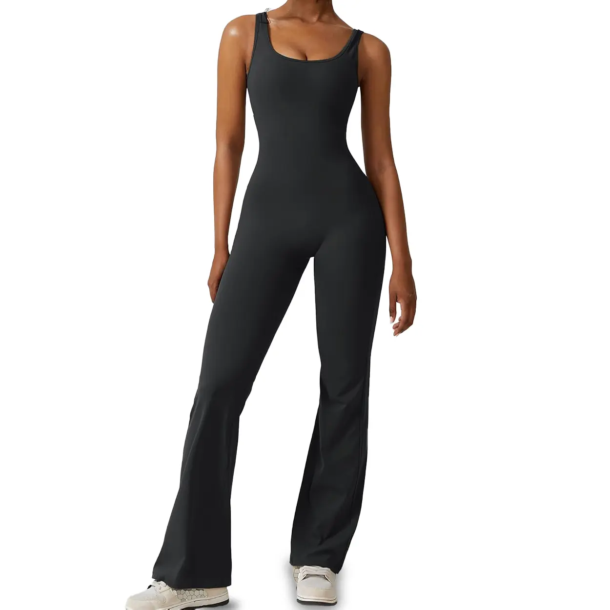 Women's Seamless Fitted Bodycon Sports Jumpsuit - Open Back, Flared Leg Unitard Fitness Gym Activewear with Bodycon Shape for Yoga