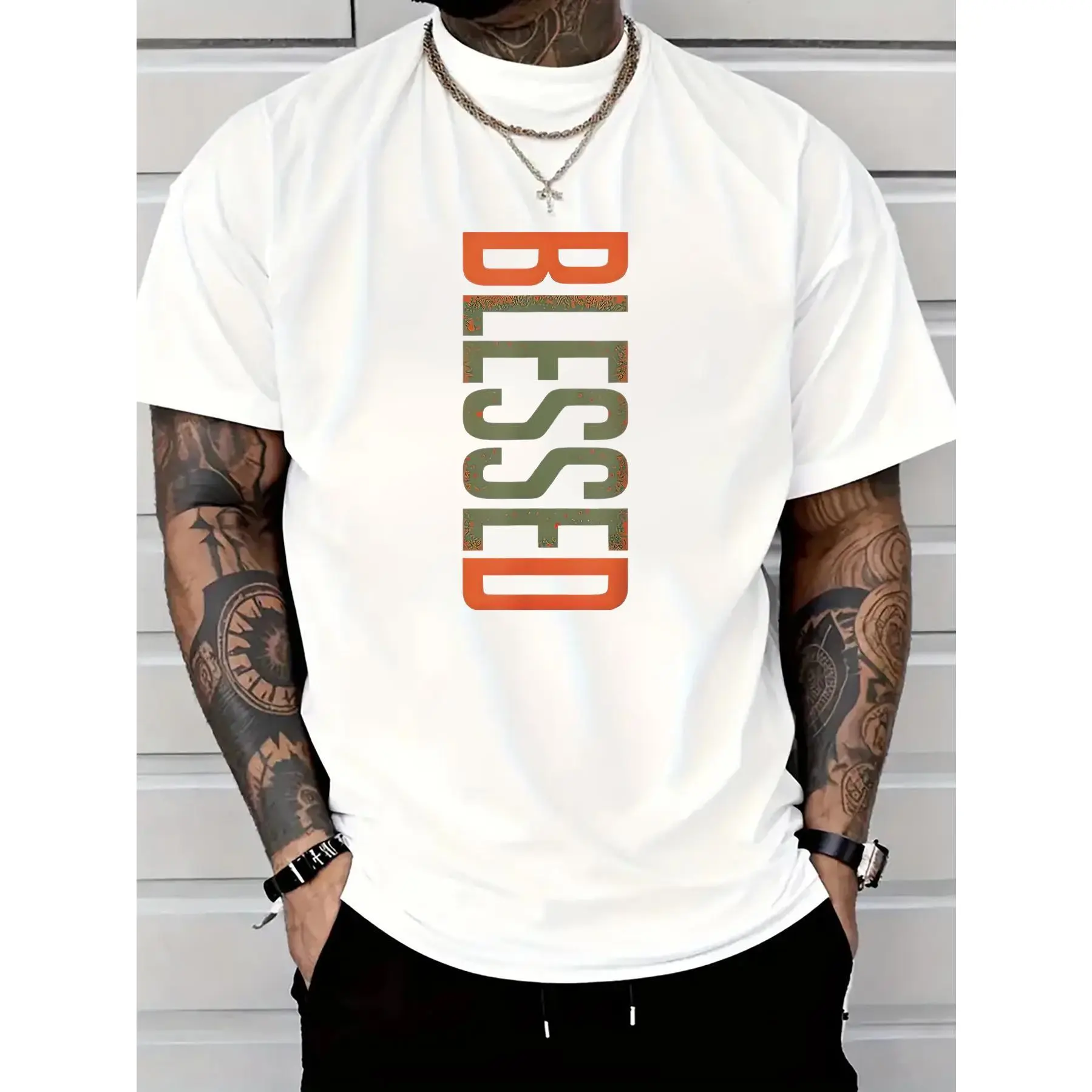 Men's "Blessing" pattern cotton T-shirt - casual and comfortable, short sleeves, crew neck, suitable for daily wear and outdoor activities Fathersdaygift Streetwear men gifts graphic t-shirts chromakopia tour outfits ivan cornejo merch 90s graphic tees