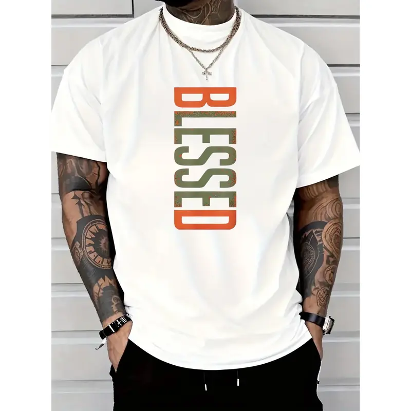 Men's "Blessing" pattern cotton T-shirt - casual and comfortable, short sleeves, crew neck, suitable for daily wear and outdoor activities Fathersdaygift Streetwear men gifts graphic t-shirts chromakopia tour outfits ivan cornejo merch 90s graphic tees