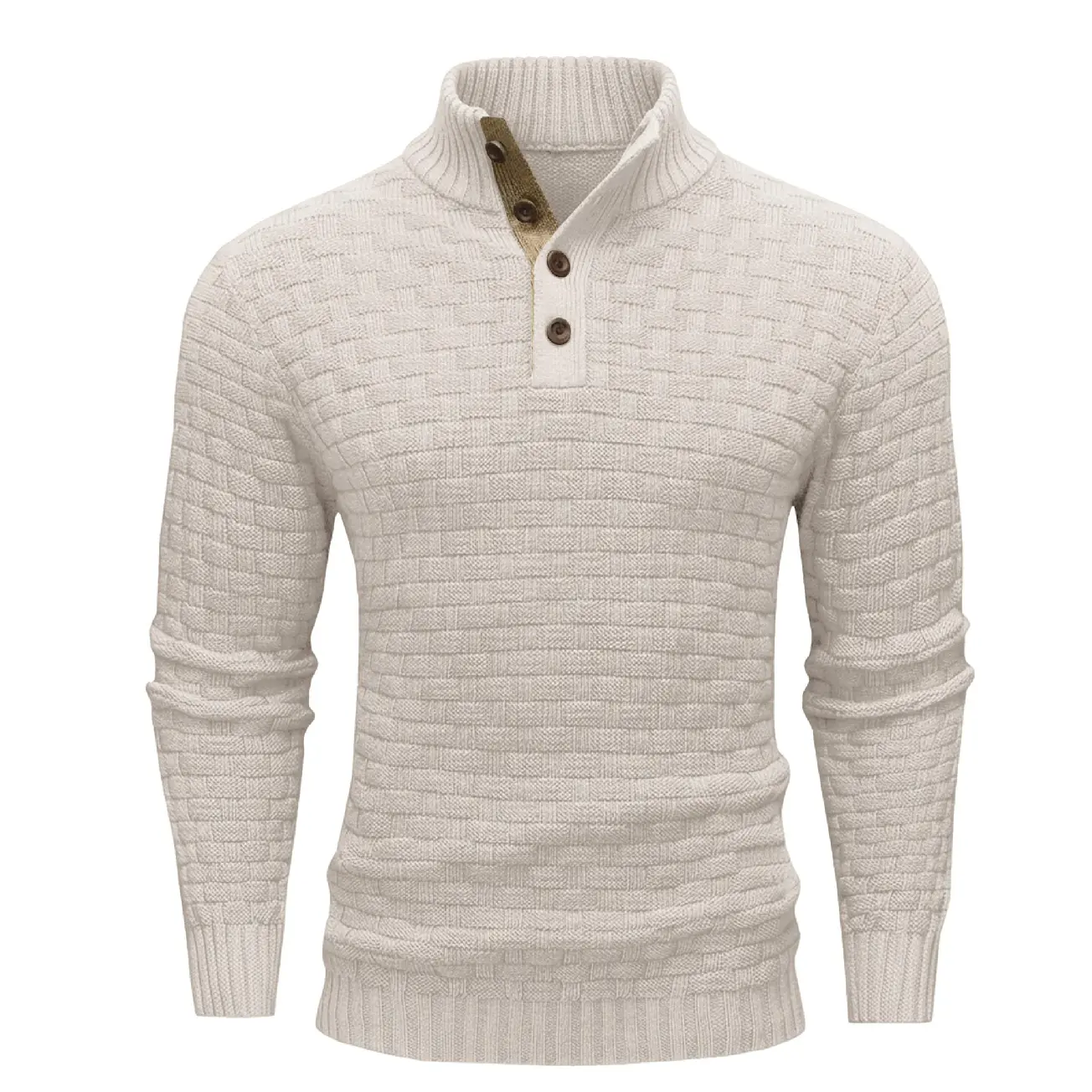 Men’s Polyester Waffle Knit Half-Zip + Button Front Pullover Sweater, Long-Sleeve Textured Casual Top with Ribbed Cuffs, Hand Wash Only for Autumn-Winter Layering, Elegant, Adjustable Fit, Front Buttons