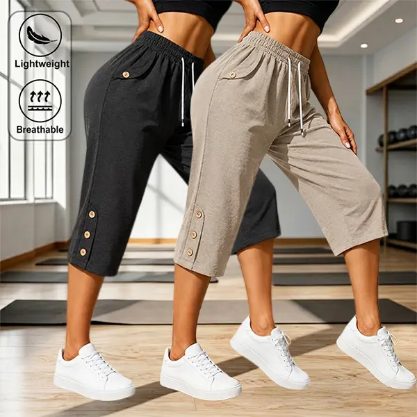 2-pack spring/summer versatile capris with button detailing, comfortable elastic waistband, and pockets—casual pants suitable for work, commuting, and outdoor activities