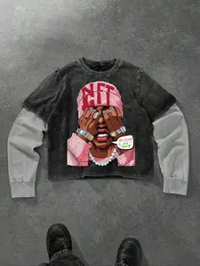 Men's New Long Sleeve Patchwork Graphic Two-Piece Casual Fitted Short Fashion Street Style Comfortable Outdoor Campus Wear, Fall & Winter