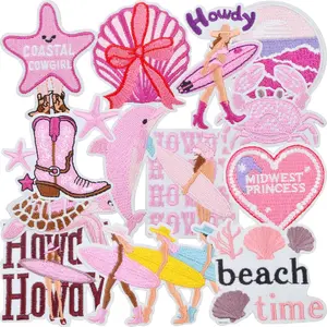 13 PCS Pink Iron on Patches for Backpacks Ocean Wave, Sea Turtle, Starfish, Dolphin, Shell, Love, Embroidered Patches for Clothes and Hats