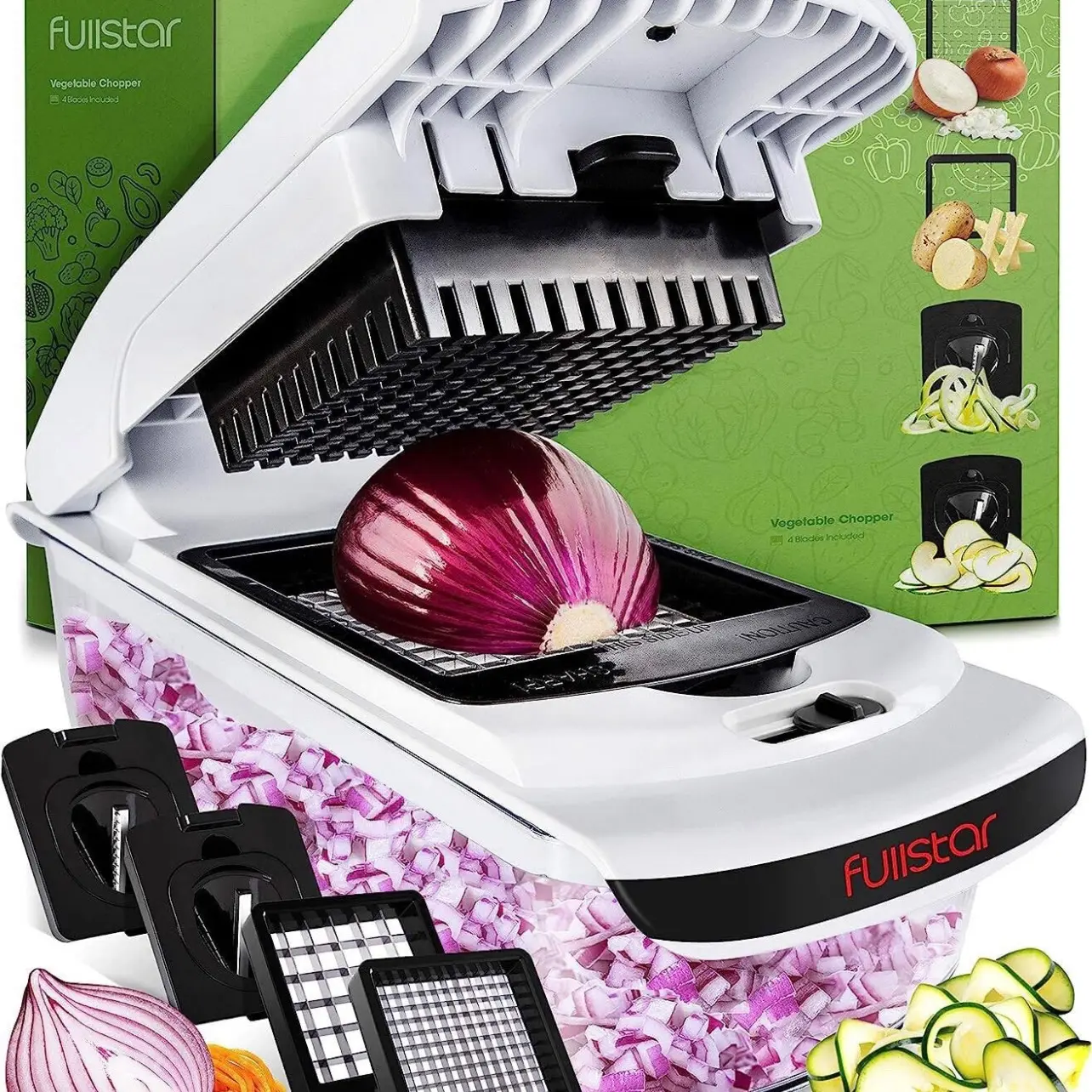 Fullstar Vegetable Chopper - Spiralizer Vegetable Slicer - Onion Chopper with Container - Pro Food Chopper - Slicer Dicer Cutter - (4 in 1, White)