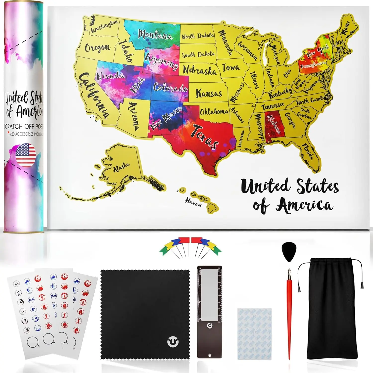 Scratch Off Map of The , 12x17 inch Scratch  with 25  Accessories & Colorful Design,  Scratch Map of  for Travel, 50 States Travel