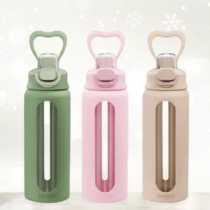 Sandjest 24oz Glass Water Bottle with Silicone Sleeve and Leak-proof Lid, Emotional Support Drinking Hydration, Ideal for Travel Sports Christmas Gift