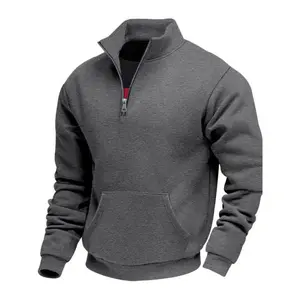 Men’s half-zip stand-collar sweatshirt with kangaroo pocket, fleece-lined warm pullover, casual sportswear for fall/winter, athletic apparel