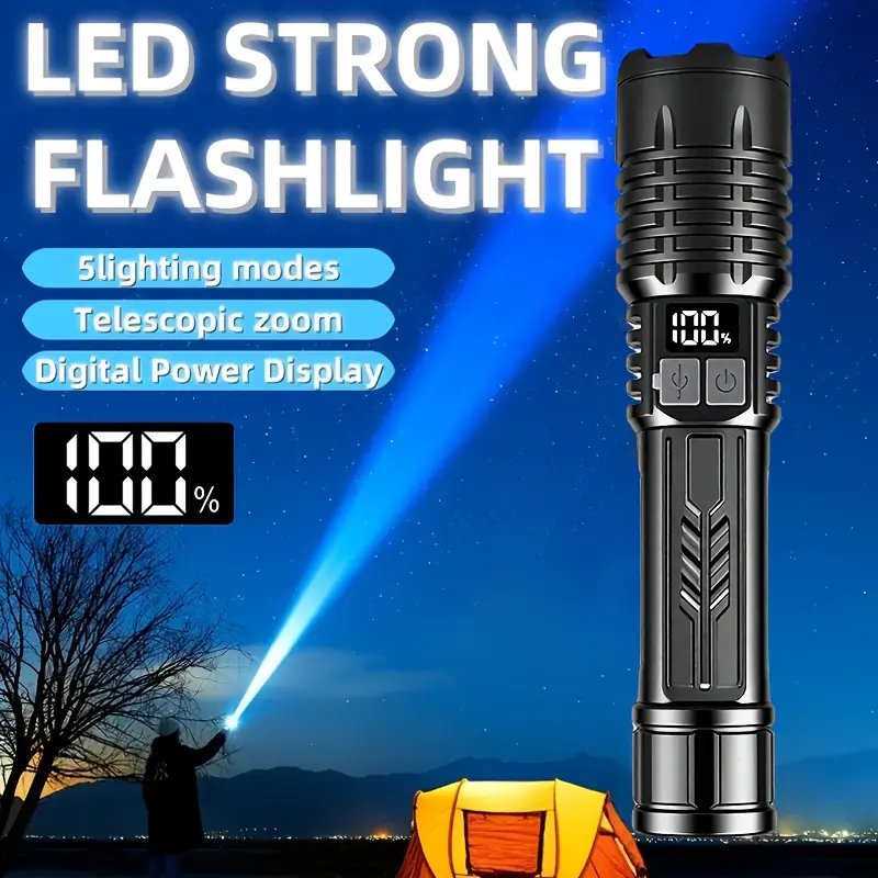 SJ008 High Lumen Handheld Rechargeable LED Flashlight - 320mAh Compact Telescopic Zoom, 5 Lighting Modes, Digital Power Display, USB Charging for Camping, Emergency Use (Unisex)