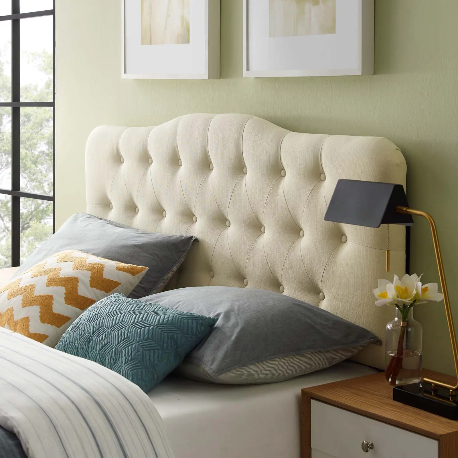 Modway Annabel Upholstered Tufted King Fabric Headboard, Ivory, Upholstered Tufted Headboard