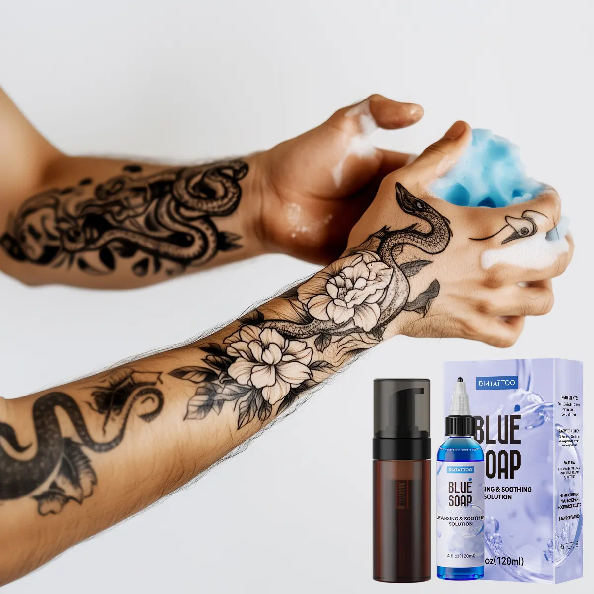 Large volume DM tattoo disinfectant cleaner with green algae extract. Gentle non-irritating, ideal for pre and post tattoo cleaning. Help skin recovery, match foaming bottle for rich foam easily.