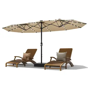 Garvee 15 ft Rectangular Patio Umbrella with Solar Lights & Base Included - Large Patio Umbrella with Crank Handle 36 LED Lights, UV Protection for Outdoor Market, Backyard, Deck, Pool, Beige