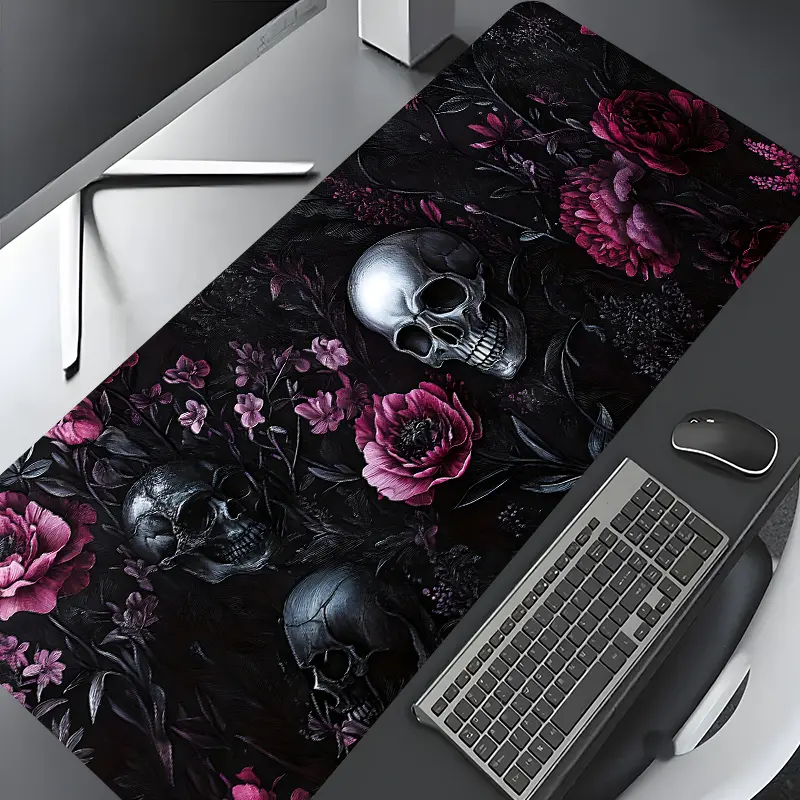 Gothic Skull Pink Floral Design Large Gaming Mouse Pad,Aesthetic Desktop Drotection Pad,Washable Rubber Pad Non-Slip Lock Edge Multi-Size Mouse Pad Suitable For Home Office Desk Accessory,Computer Desk Accessories,Good Gift for Family and friends