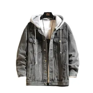 Men’s Denim Jacket with Hood, Casual Streetwear Style, Solid Color, Turn-Down Collar, Detachable Hood