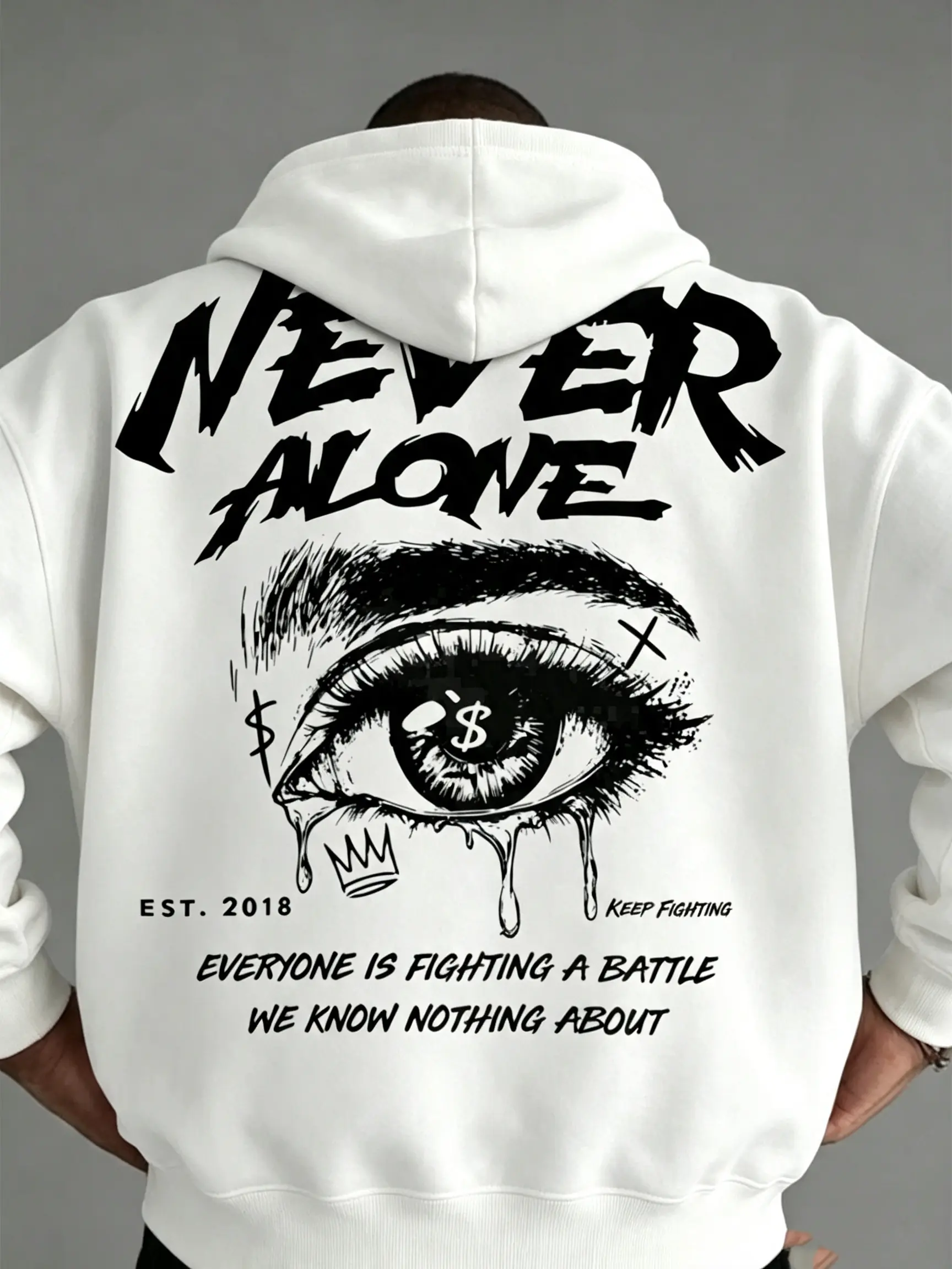 Men’s “NEVER ALONE” graphic back print sweatshirt, crewneck or hoodie options, plus-size dark grunge hip hop streetwear pullover, trendy casual long-sleeve top for the back-to-school season