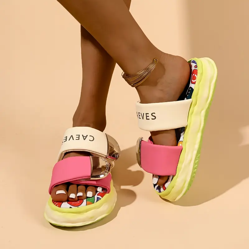 Women's Light Yellow Casual Platform Slide Sandals - Open Toe, Adjustable Synthetic Polyurethane Buckle Strap, Polyurethane Upper, Platform Heels, Dry Clean, All Seasons Footwear, Random Print