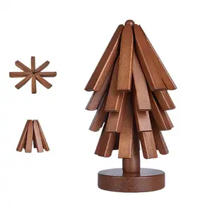 Natural Foldable Black Walnut Wooden Tree Trivet Set - 4 Trivets + 1 Stand for Hot Dishes, Pot, Bowl, Set of 4 Wood Coaster for Hot Pots and Pans, Christmas Kitchen Decor, Wooden Coasters
