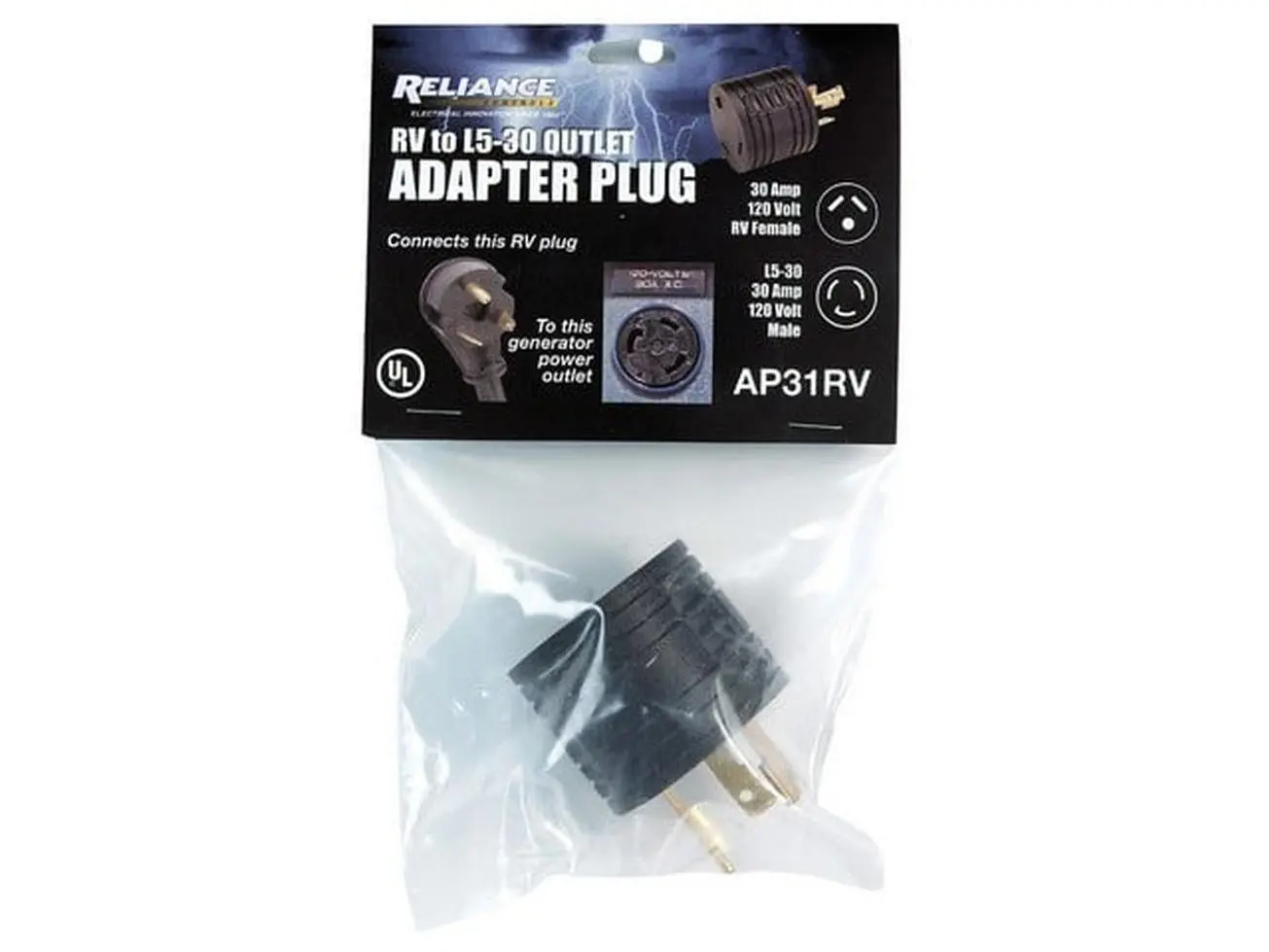 Reliance Controls AP31RV RV to L5-30 Outlet Adapter Plug, 12 Volts, 3 Pole, 3 Wire